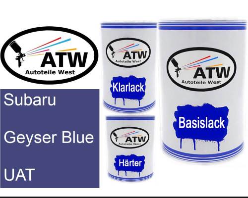 Subaru, Geyser Blue, UAT: 500ml Lackdose + 500ml Klarlack + 250ml Härter - Set, von ATW Autoteile West.